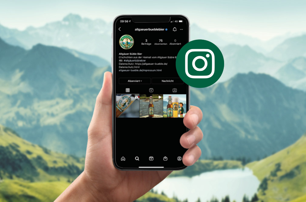 Eine Hand hält ein Smartphone, das eine Instagram-Seite mit Bierflaschen zeigt, vor einer Bergkulisse.