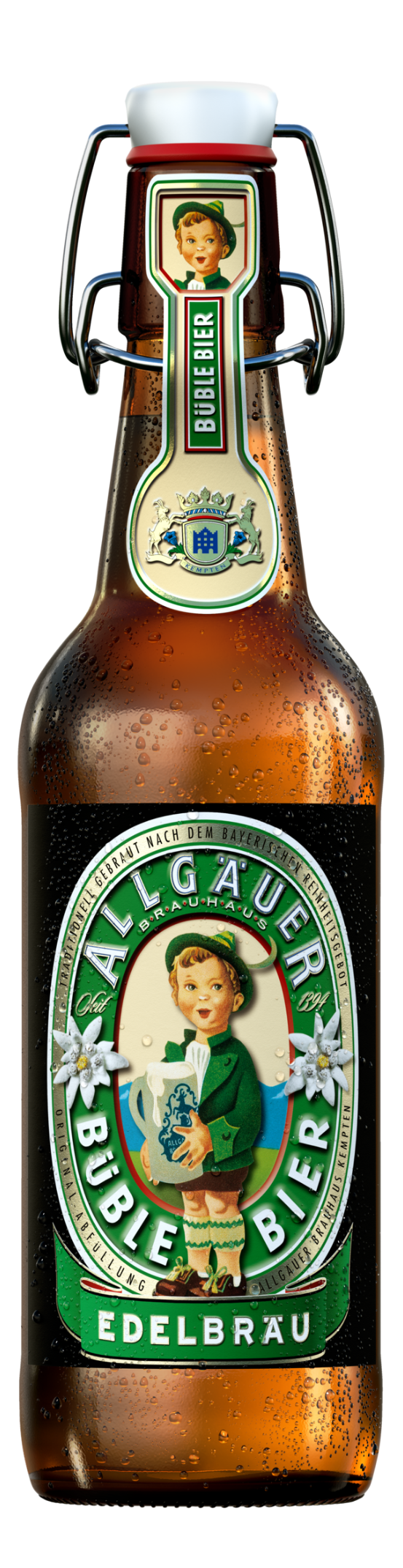 Ein Bierflasche mit Bügelverschluss und einem Etikett mit einem Illustrationsmotiv eines Mädchens in traditioneller Kleidung, das ein Bierkrug hält.