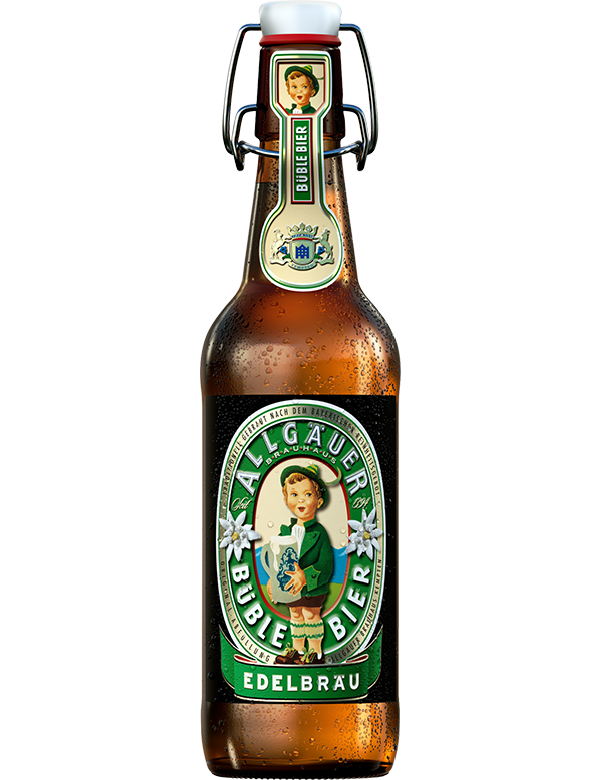 Eine Bierflasche mit Bügelverschluss und einem Etikett mit einer jungen Figur ist abgebildet.