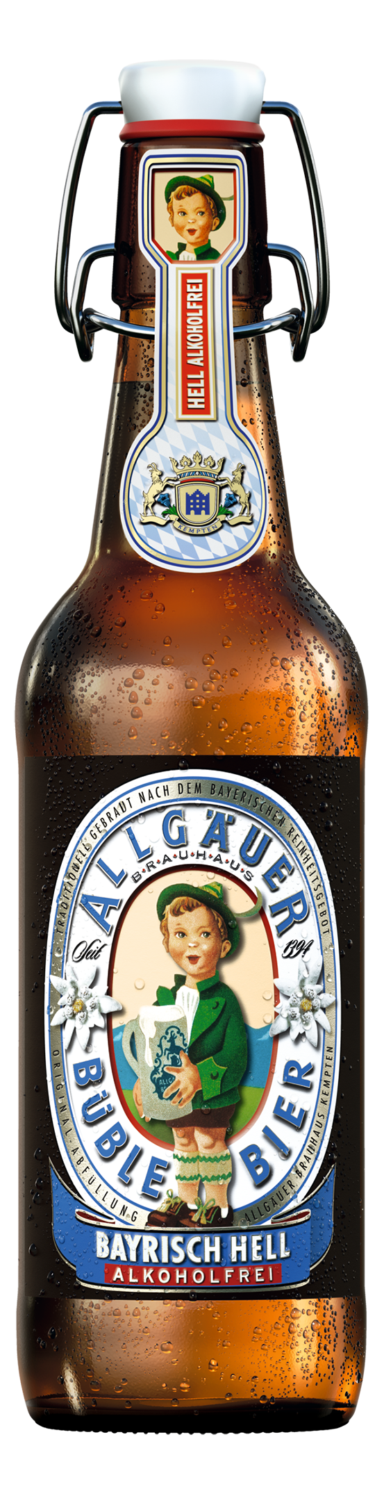 Eine verschlossene Bierflasche ist abgebildet mit Etiketten und einer feuchtigkeitstropfenden Oberfläche.