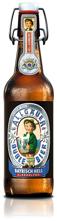 Eine betaute Bügelflasche Büble Bayrisch Hell Alkoholfrei mit blauem Etikett und rotem Alkoholfrei Schriftzug.