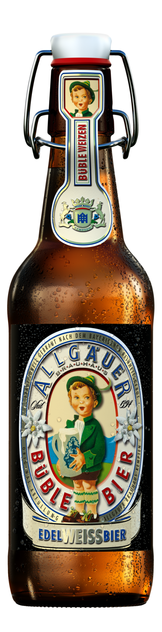 Eine Bierflasche mit Bügelverschluss, bedeckt in kondensiertem Wasser, zeigt Etiketten mit einer Retro-Illustration eines jungen Mädchens und blumigen Mustern.