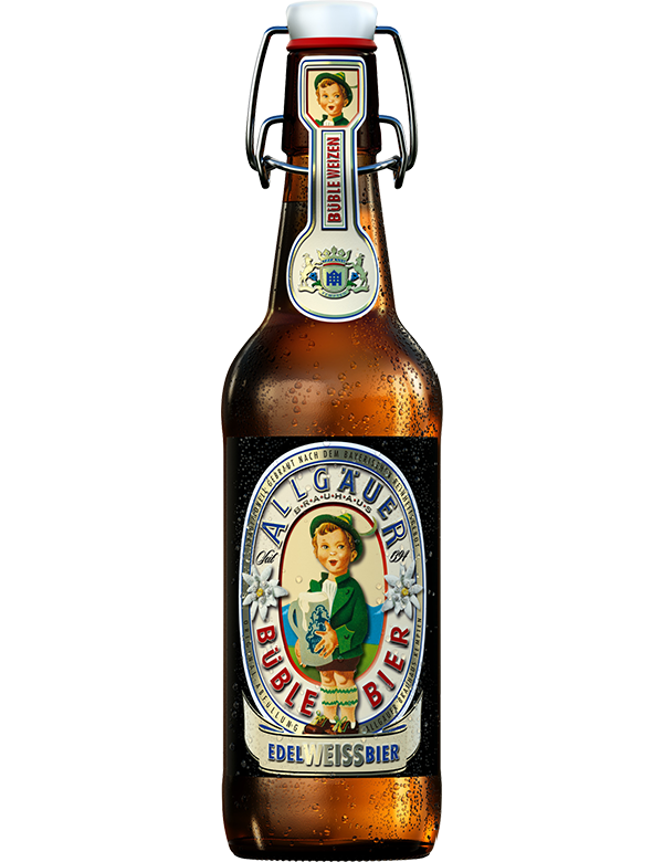 Eine verschlossene Bierflasche mit Etikett, auf dem ein Mädchen abgebildet ist.