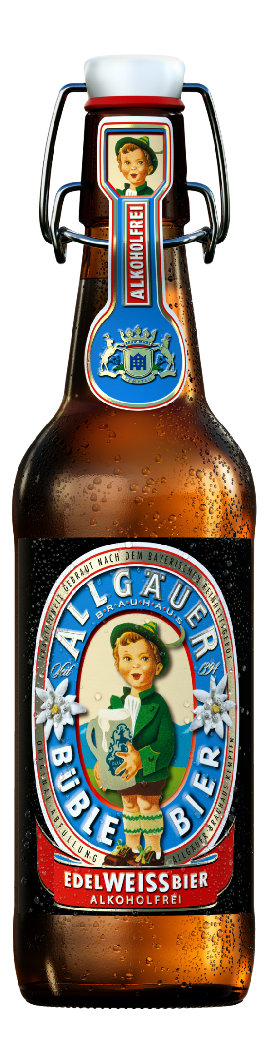 Eine Flasche Alkoholfreies Bier mit Bügelverschluss und einer Etikette, die ein Mädchen in traditioneller Kleidung zeigt.