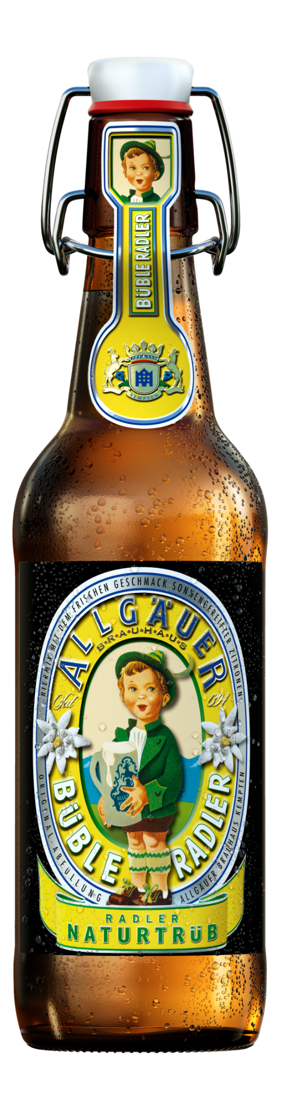 Braunglasflasche mit Metallverschluss und Etiketten zeigt eine lächelnde junge Frau.