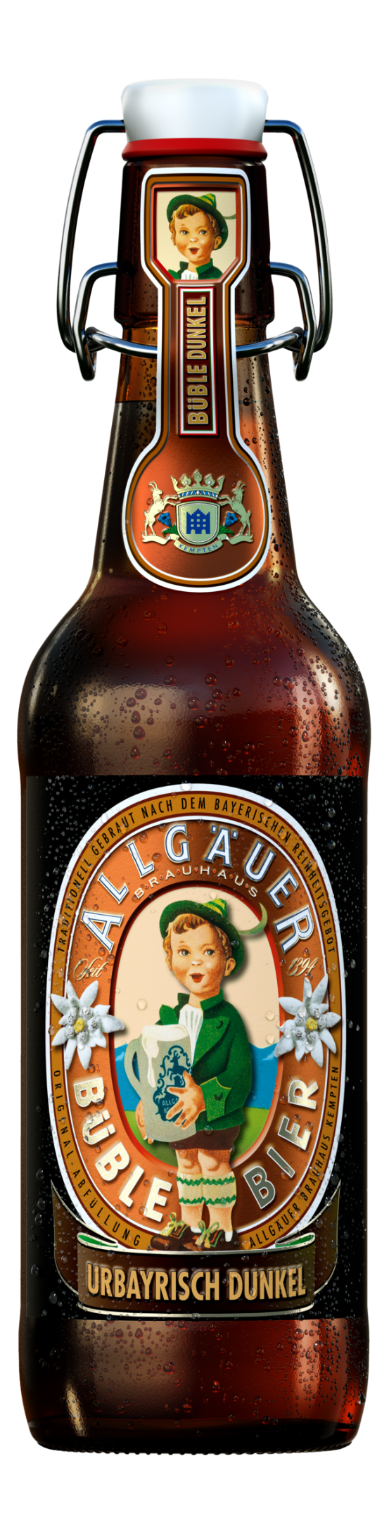 Eine Bierflasche zeigt eine junge Figur in Trachtenkleidung, sie hält ein Bierkrug. Die Flasche ist mit einem Bügelverschluss versehen.