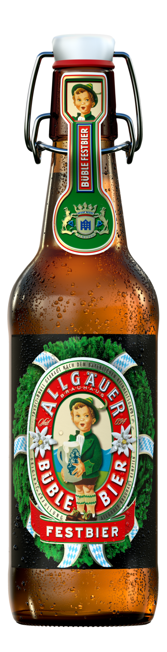 Eine Flasche Festbier mit Bügelverschluss und farbenreicher Etikettierung, umgeben von Wassertropfen.