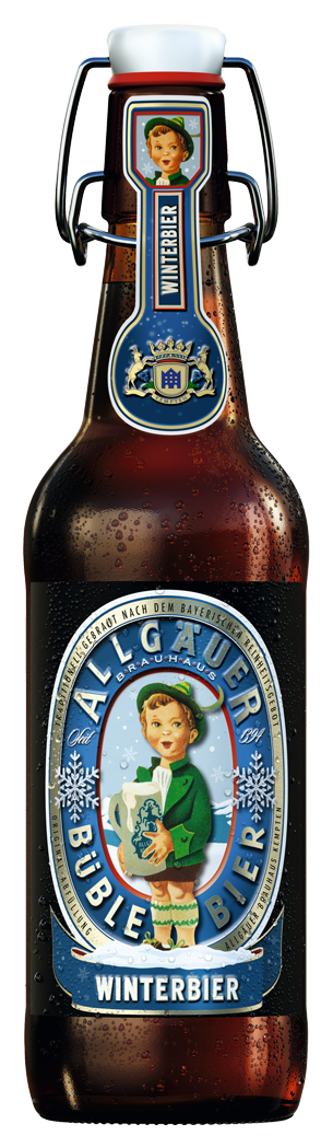 Eine Flasche Winterbier mit Bügelverschluss und farbenreicher Etikettierung, umgeben von Wassertropfen.
