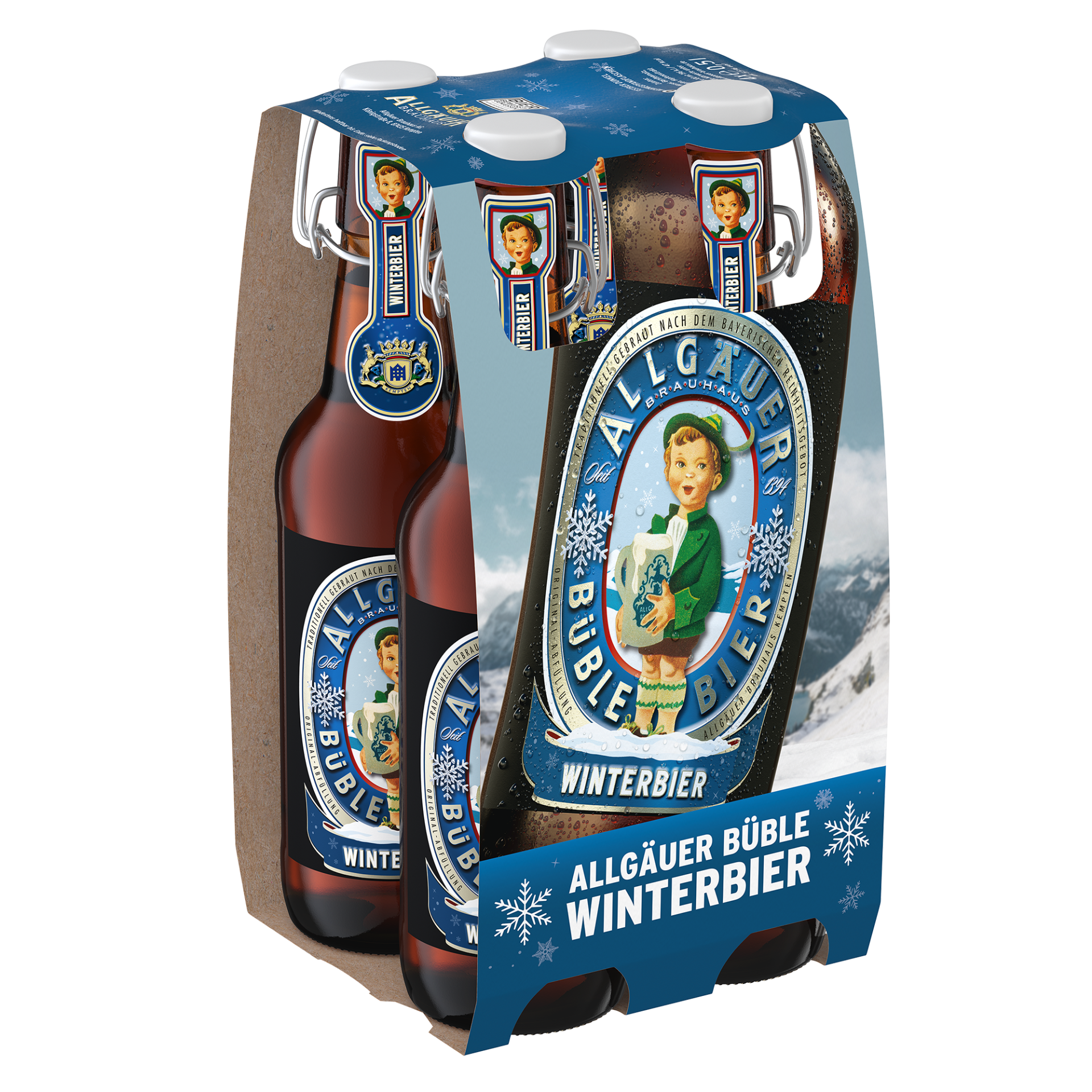 Sechserpack Flaschen Allgäuer Büble Winterbier mit blauem Etikett, das eine junge Figur in Trachtenkleidung darstellt, sie hält ein Bierkrug.